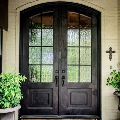 GID Pre-Hung Doulble Iron Front Door With Aquatex Glass ED433 Farmhouse Double Front Door, Iron Front Door Double, Bp House, Entryway Staircase, Brown Front Doors, Black Exterior Doors, Wrought Iron Entry Doors, Double Front Entry Doors, Wrought Iron Front Door