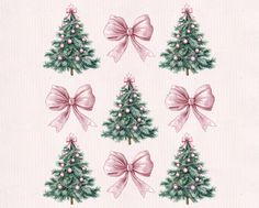 christmas trees with pink bows and ornaments on white background, watercolor drawing by hand