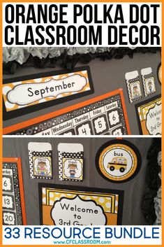 orange polka dot classroom decor with text overlay