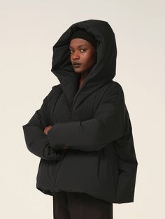 Padded down, drop-shoulder, zip-up, hip-length jacket with oversized hood. Sculpted boxy fit. Model is 5' 9" tall and wearing a size S. Oversized Puffy Jacket, Wool Shop, Puffy Jacket, Pull On Pants, Personal Stylist, Hip Length, Zip Up, Down Jacket, Drop Shoulder