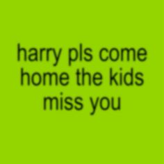 a green background with the words harry pls come home the kids miss you on it