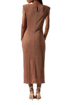 Structured cap sleeves sharpen the look of an elegant maxi dress cut from lustrous plissé fabric. Jewel neck Cap sleeves Lined 100% polyester Dry clean Imported Sleeveless Crinkle Texture Maxi Dress, Casual Brown Maxi Dress For Evening, Plisse Fabric, Elegant Maxi Dress, Astr The Label, Jewel Neck, Dress Cuts, Nordstrom Dresses, The Label