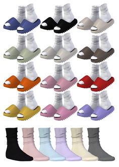 many pairs of socks with different colors and sizes on the bottom one pair is white