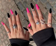 Different Colored Acrylic Nails, Nail Ideas For Valentines Day Pink, Beautiful Nail Designs Acrylics, Black And Colored Nails, Pink Purple Black Nails, Valentines Nails With Black, Goth Coffin Acrylic Nails, Almond Acrylic Nails Designs Edgy, Dark Valentines Day Nails Short