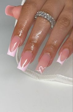 Simple Pink French Nails, Light Pink French Tip Nails With Design, Light Pink V Tip Nails, Light Pink Nails For Prom, Pretty In Pink Nails, Nails For 15 Yrs Old, Baby Pink Nails With Design Art Ideas, Baby Pink Birthday Nails, Pink French Tip Nails With Gems