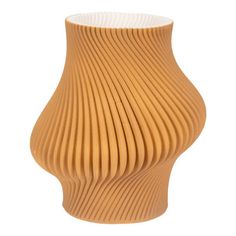 an orange vase with wavy lines on the side and bottom, sitting in front of a white background