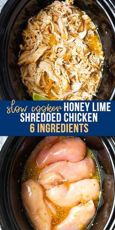 slow cooker honey lime shredded chicken and ingredients in the crock pot with text overlay