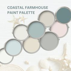 the coastal farmhouse paint palette is shown with starfish and seashells around it