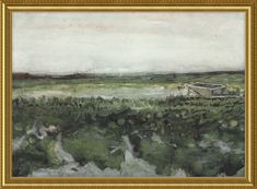 an oil painting of a boat in the middle of a field with grass and trees