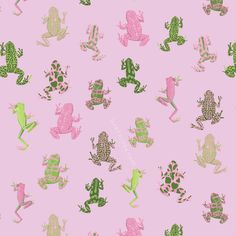 a pink background with green and pink frogs on it