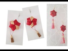 two pictures of red and gold earrings with tassels hanging from the side, one is