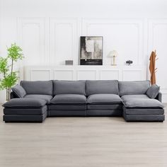 a living room with a large gray couch and white walls in the background, along with a potted plant