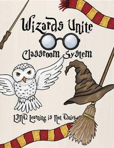 the wizard's unit classroom system has an owl, harry potter hat and broom