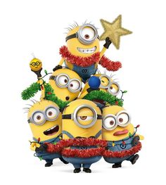 a christmas tree made out of minion's with decorations and stars on top