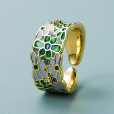 Color: Blue and White Porcelain, Yellow Flower, Green Flower, Butterfly Size: Adjustable Opening Style: Natural Botanical Ring, Butterfly Ring, Leaf Ring, Flower Plates, Enamel Ring, Wide Band Rings, Green Flower, Enamel Flower, Vintage Band