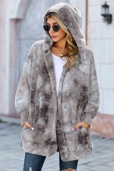 Women's Gray Tie Dye Soft Fleece Hooded Open Front Coat – ModeShe.com Color Block Coats, Grey Tie Dye, Long Sleeves Coats, Womens Tie, Plus Size Kleidung, Warm Coat, Hooded Coat, Silhouette Cut, Clothing Size Chart