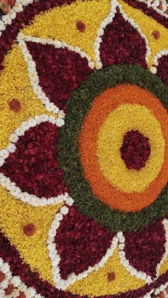 a circular design made out of flowers and petals on top of each other in red, orange, yellow and white colors