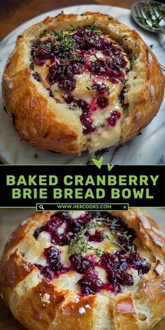 baked cranberry brie bread bowl on a white plate with text overlay