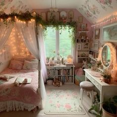 a bedroom decorated in pink and white with fairy lights on the ceiling, bedding, desks, and windows