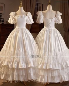 10% off now|Free shipping world-wide. Romantic Retro Lace Satin Ballgown Wedding Dress with Bubble Sleeves at GemGrace. Click to learn our pro custom-made service for wedding dress, formal dress. View #BallGownWeddingDresses for more ideas. Puff Sleeve Gown For Wedding, Fitted Gown With Puff Sleeves For Wedding, Victorian Satin Dress With Ruffles For Wedding, Wedding Victorian Dress With Fitted Satin Bodice, Satin Victorian Ball Gown For Wedding, White Victorian Ball Gown For Debutante Ball, Satin Ballgown Wedding Dress, Satin Ballgown Wedding Dresses, Satin Ballgown