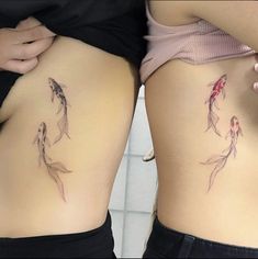 two women's butts with fish tattoos on their thighs, one is showing the other side