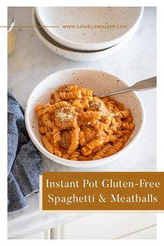 instant pot gluten - free spaghetti and meatballs in a bowl with a spoon