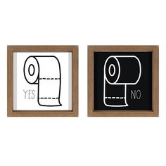 two black and white pictures hanging on the wall next to each other, one with a roll of toilet paper