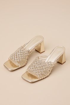 Achieve goddess status instantly by stepping out in the Billini Ximenez Gold Metallic Knotted High Heel Slide Sandals! Smooth and shiny metallic faux leather shapes these luxe sandals that feature a square footbed and a wide, woven upper composed of knotted details. The simple slide-on design makes for effortless styling, all atop a sexy block heel. Available in whole sizes only. 2. 75" wrapped block heel. Lightly cushioned insole. Rubber sole has nonskid markings. Man made materials. Imported. Gold Open Heel Synthetic Heels, Luxury Gold Synthetic Heels, Luxury Gold Synthetic Sandals, Elegant Gold Synthetic Heels, Homecoming Shoes, Sandal Heels, Prom Shoes, Stepping Out, Slide Sandals