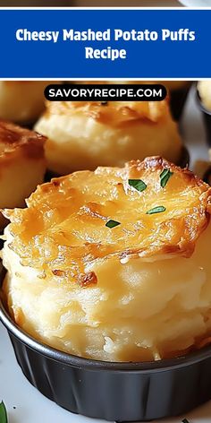 cheesy mashed potato puffs recipe in a pan with text overlay