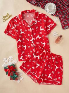 Christmas Deer & Snowflake Print Collar Open Front Short Sleeve Shorts Pajama Set Red Cute    Christmas,Letter,All Over Print Short Sets Slight Stretch All Women Sleep & Lounge, size features are:Bust: ,Length: ,Sleeve Length: Christmas Pajamas Womens, Christmas Couples Pajamas, Cute Christmas Pajamas For Teens, Cute Christmas Pjs For Teens, Christmas Pjs Pants, Xmas Pjs Matching, Pajama Set Christmas, Christmas Pajama Party Outfit, Silk Christmas Pajamas