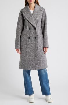 Look forward to the cooler seasons in this versatile bouclé coat detailed with oversized patch pockets. Double-breasted button closure Notched lapels Front patch pockets Lined 100% polyester Dry clean Imported Double-breasted Wool Coat With Pockets For Work, Double-breasted Wool Coat For Work With Pockets, Double-breasted Wool Outerwear With Pockets, Casual Double-breasted Wool Coat With Pockets, Chic Oversized Outerwear With Welt Pockets, Casual Long Wool Coat With Double-breasted Button, Oversized Winter Outerwear With Welt Pockets, Oversized Wool Coat With Pockets For Work, Double-breasted Fall Outerwear With Patch Pockets