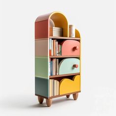 a multicolored wooden bookcase with drawers and shelves on wheels is shown in front of a white background