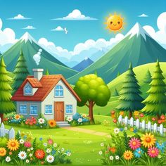 a house in the middle of a beautiful green field with flowers and trees around it