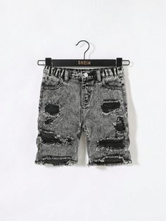 HEIN Young Boy Ripped Frayed Snow Washed Grey Denim Jeans Shorts,For Spring And Summer Young Boy Outfits Grey    Denim Plain Bermuda Non-Stretch  Young Boys Clothing, size features are:Bust: ,Length: ,Sleeve Length: Gray Distressed Bottoms For Summer, Distressed Gray Bottoms For Summer, Summer Distressed Gray Bottoms, Spring Gray Ripped Bottoms, Young Boy Outfits, Boys Denim Shorts, Grey Denim Shorts, Big Hair Bows, Grey Denim Jeans