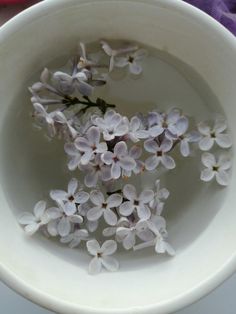 small white flowers in a bowl on a table