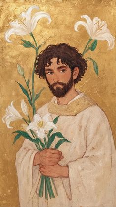 a painting of jesus holding flowers in his hands