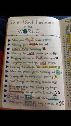 an open notebook with writing on it and the words best feeling world written in different languages