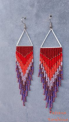 Beaded Earrings Long Earrings Gradient Seedbead Earrings - Etsy Chandelier Boho, Purple Fringe, Boho Earring, Earrings Chandelier, Abstract Floral Print, Earrings Red, Earrings Long, Seed Bead Earrings, Ear Rings