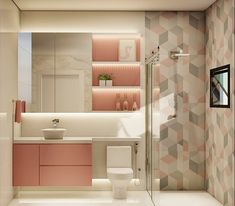 a bathroom with pink and white decor on the walls