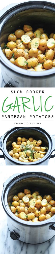 slow cooker garlic and parmesan potatoes in an oval casserole dish