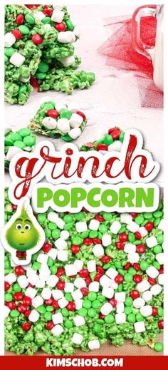 the grino popcorn recipe is made with green and red cereal, marshmallows, and white chocolate