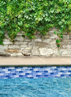 an empty swimming pool next to a stone wall with green plants growing on the side