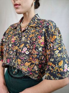 Vintage Silk Blouse Heritage Flower Print/retro Blouse - Etsy Ukraine Collared Floral Print Patterned Shirt, Patterned Collared Shirt With Floral Print, Collared Shirt With Floral Print In Patterned Color, Collared Shirt With Floral Print In Patterned Design, Floral Print Short Sleeve Work Shirt, Workwear Floral Print Short Sleeve Shirt, Short Sleeve Floral Print Shirt For Work, Floral Print Short Sleeve Blouse For Work, Short Sleeve Blouse With Floral Print For Work