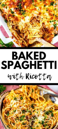 baked spaghetti with ricotta and parmesan cheese in a casserole dish