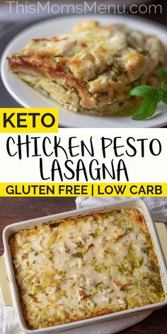 keto chicken pesto lasagna in a casserole dish on a plate