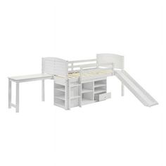 a white bunk bed with a slide and storage drawers underneath it, on a white background