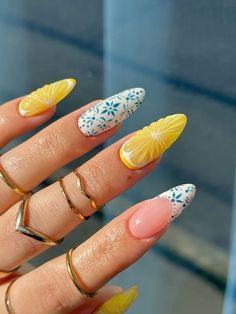 Lemon zest nails with white and blue design, tap the link to see more on my insta🍋  #citrusnails #blueandwhitenails #lemonnails #nailideas #summernails #vacationnails #nailsbyellie more in the telegram Lemon Nail Art Summer, Summer Ideas For Nails, Lemon On Nails, Lemon Gel Nails, Summer Lemon Nails, Orange And Lemon Nails, Almafi Coast Nails, Lemon Themed Nails, Lemon Inspired Nails