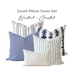 four blue and white pillows with the words couch pillow cover set written in cursive font