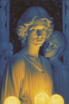 an image of a woman with candles in front of her and two angels behind her