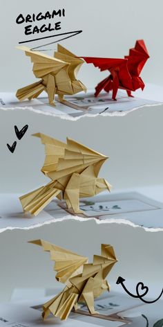 origami eagle and dragon folded up on top of each other in different directions